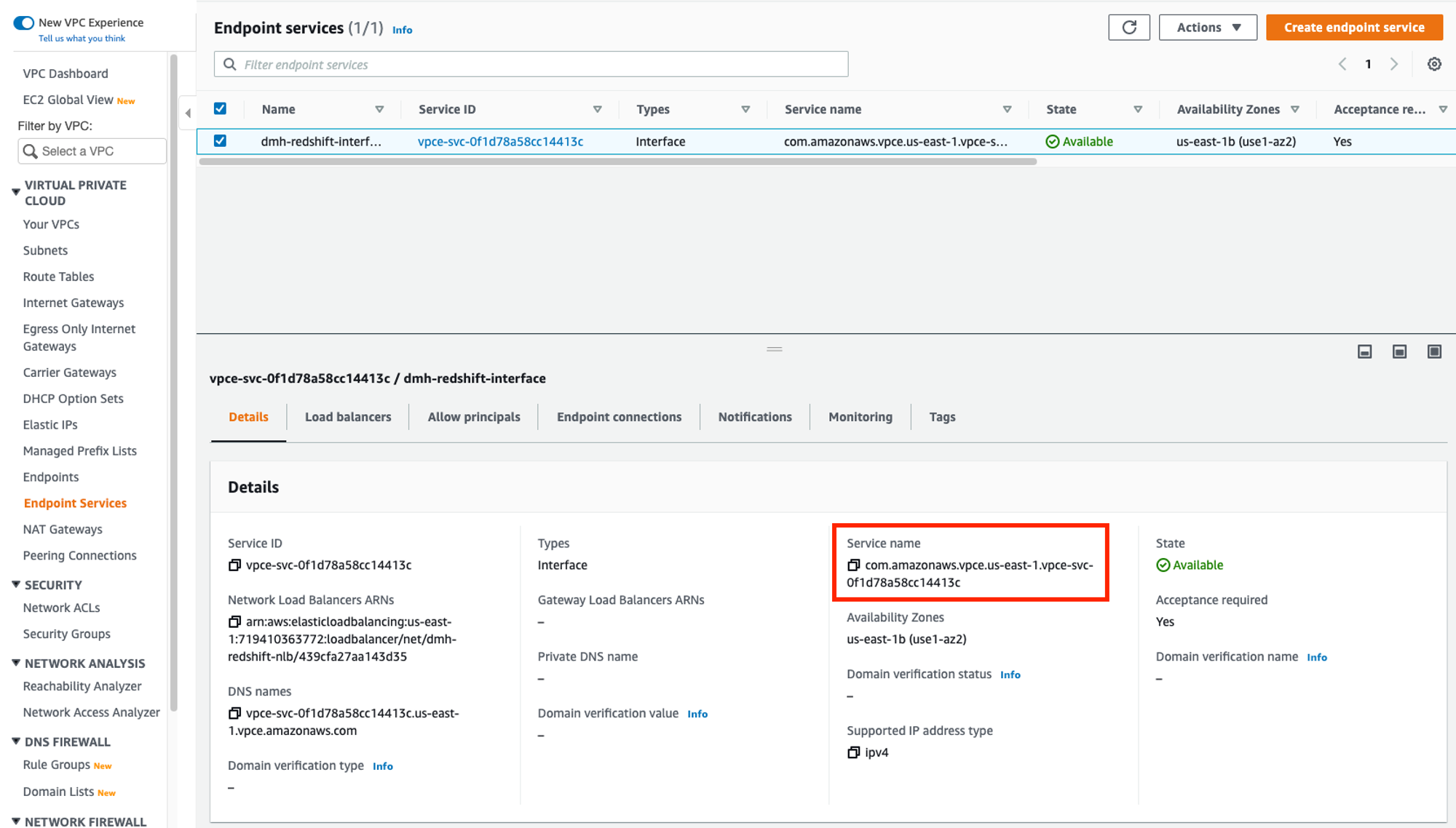 Location of the VPC Endpoint Service name in the AWS console